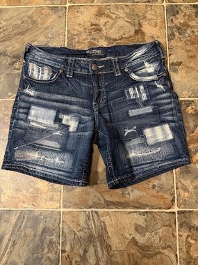 Silver Jeans Distressed Patchwork Dark Blue Denim Shorts